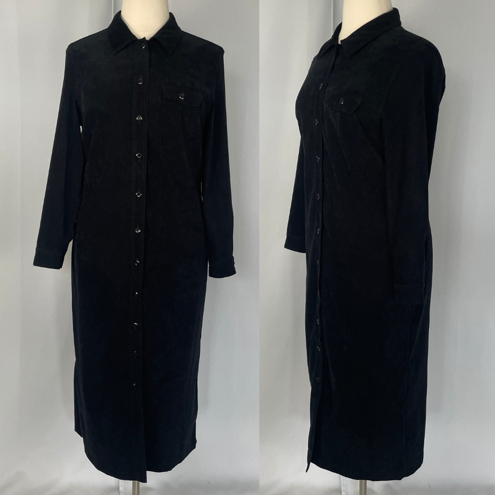 Vintage Maxi Dress Size 16 Black Solid Shirt Button Faux Suede Minimal Goth - Picture 12 of 12